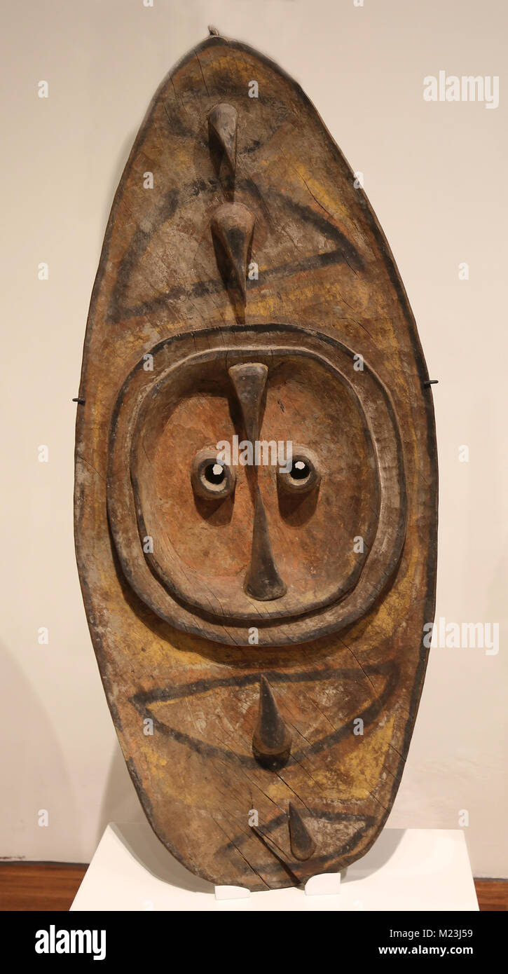Garra (claw), shield-like figure, carved wood with natural pigments. Bahinemo, Salumei river. Papua, New Guinea. 20th century. Stock Photo
