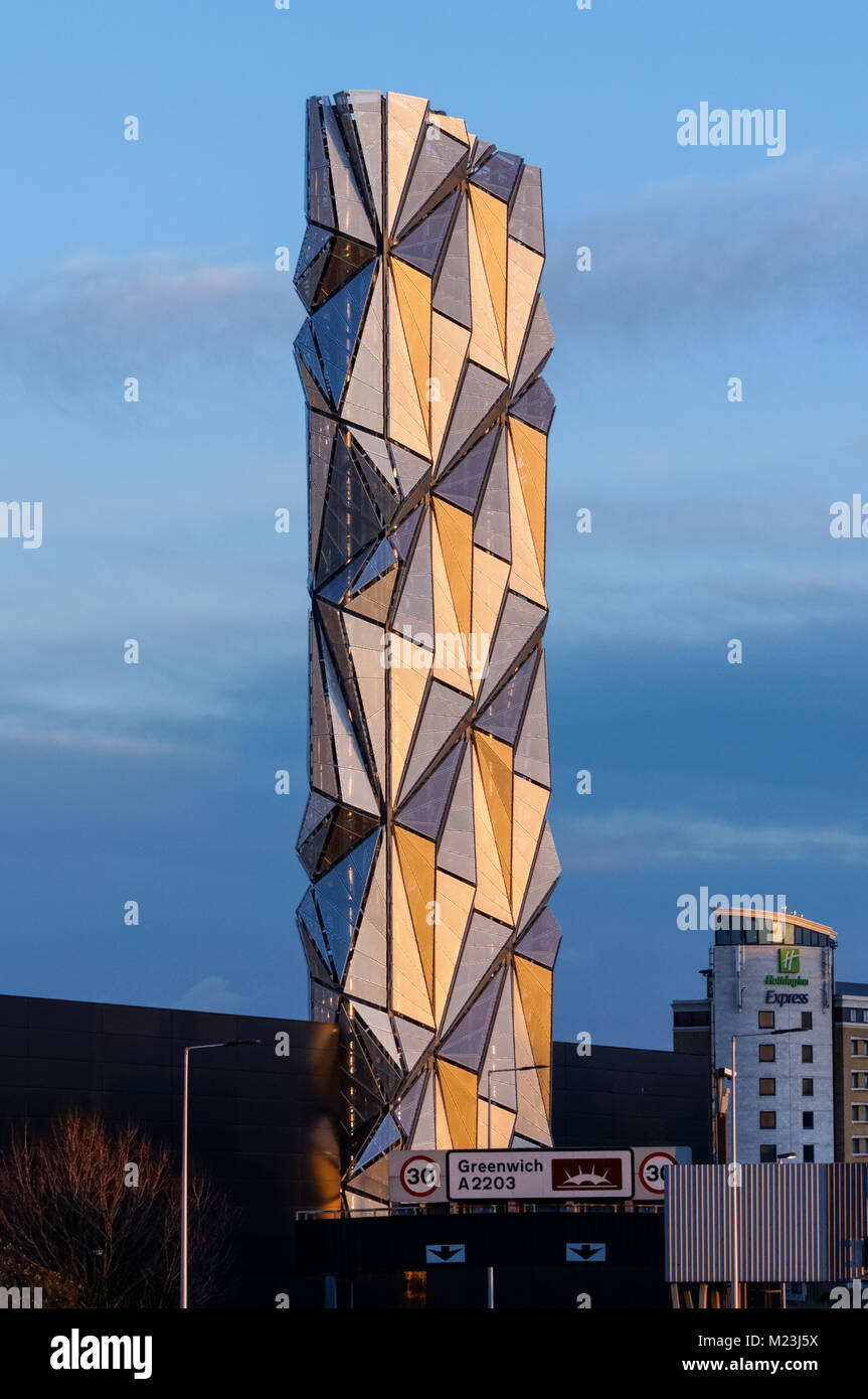The Optic Cloak, 160ft tall aluminium structure in the Greenwich Peninsula, designed by Conrad Shawcross, part of the Low Carbon Energy Centre, London Stock Photo