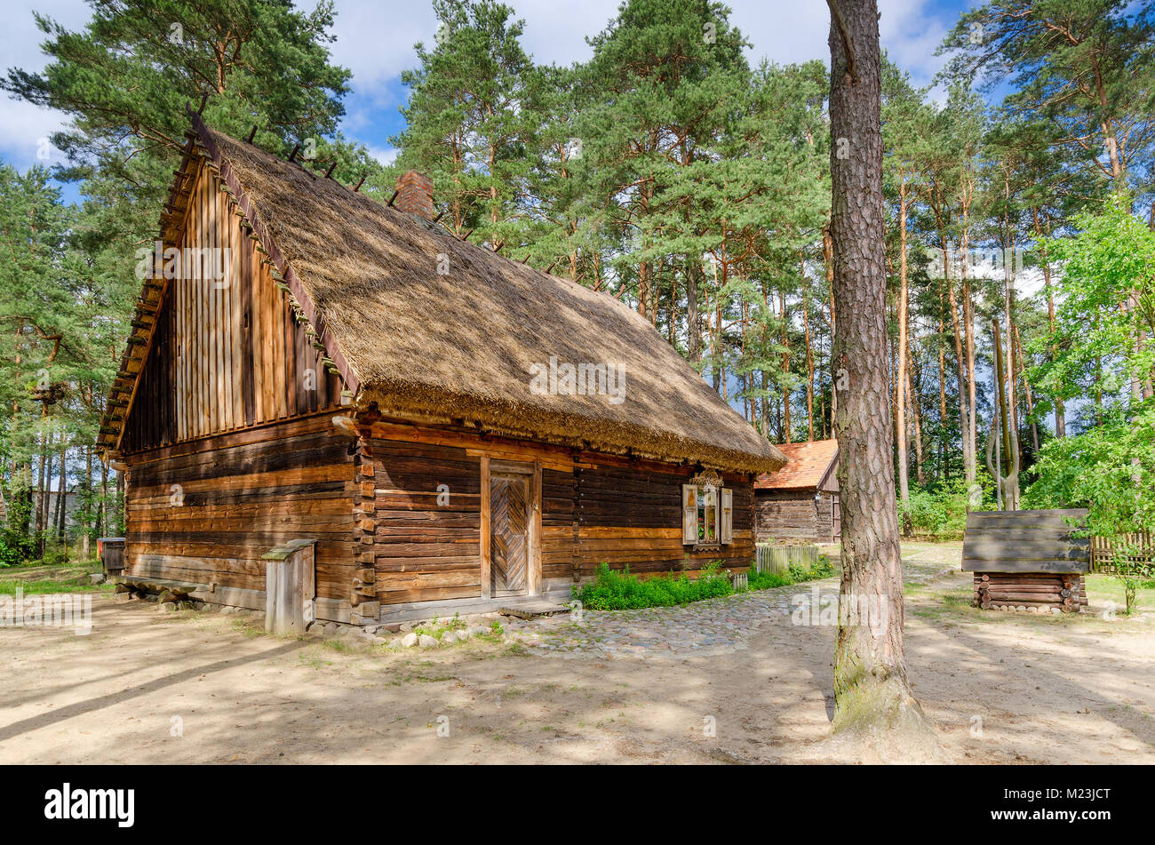 Traditional house from Kurpie, ethnic region in Poland, open-air museum in Kadzidlo, masovian voivodeship, Poland, Europe. Stock Photo