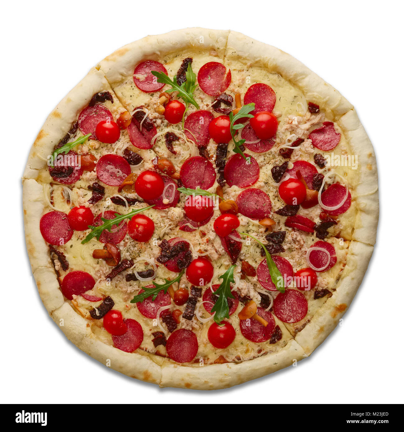 Pizza with salami sausage, forest mushrooms, onion, tomato cherry and