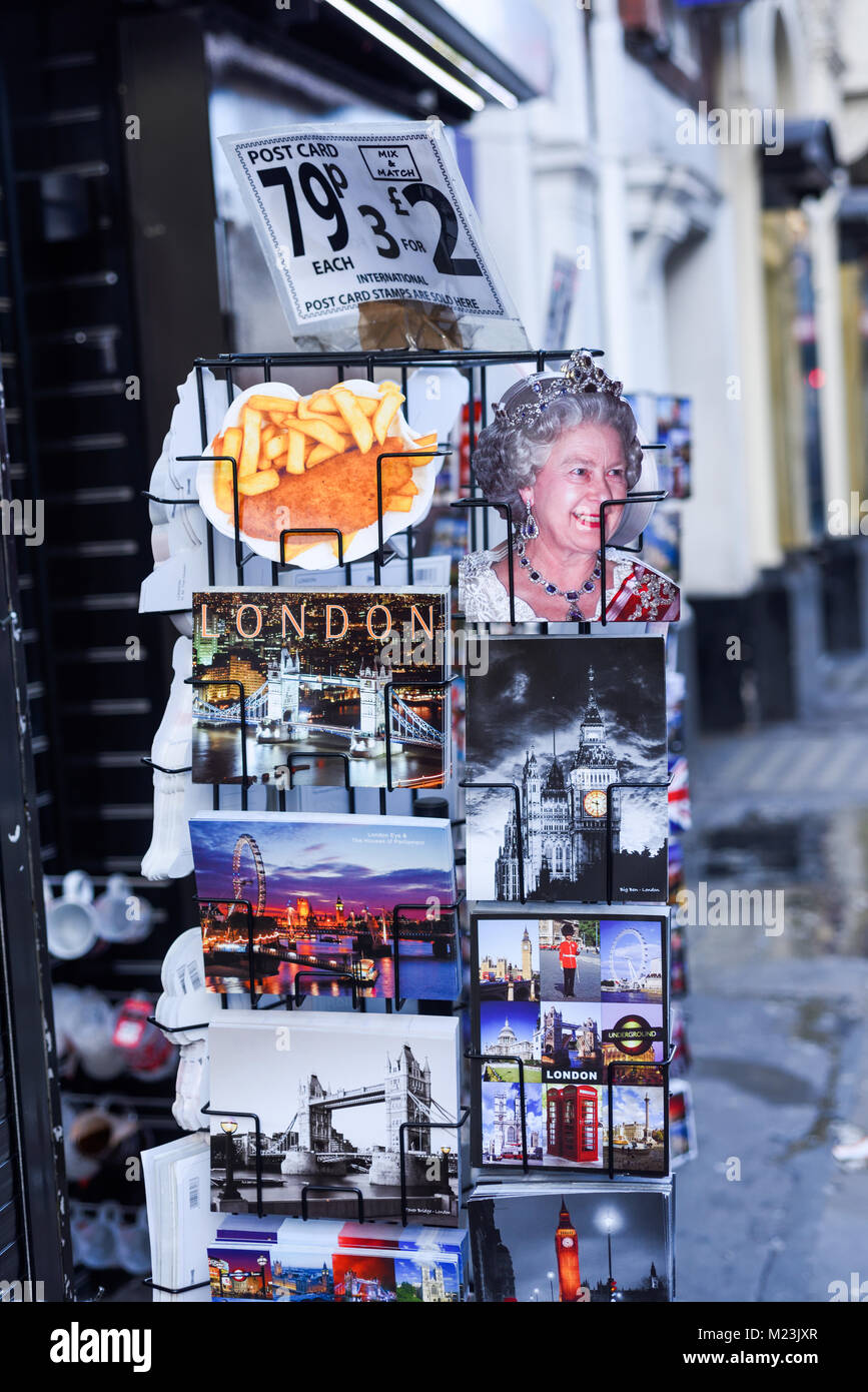 Iconic Picture Postcards of London for sale along Shaftesbury ave London,UK. Stock Photo