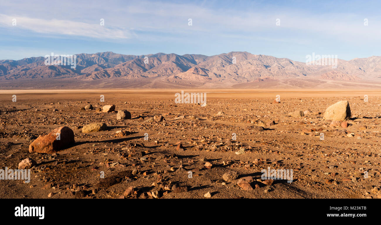 Lunar looking dry arid landscape in the basin at Death Valley North America Stock Photo