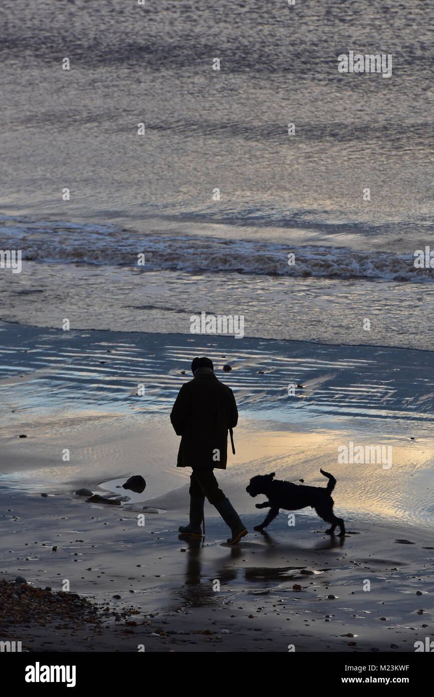 an atmospheric scene with a man walking a dog along a beach at sunset ...