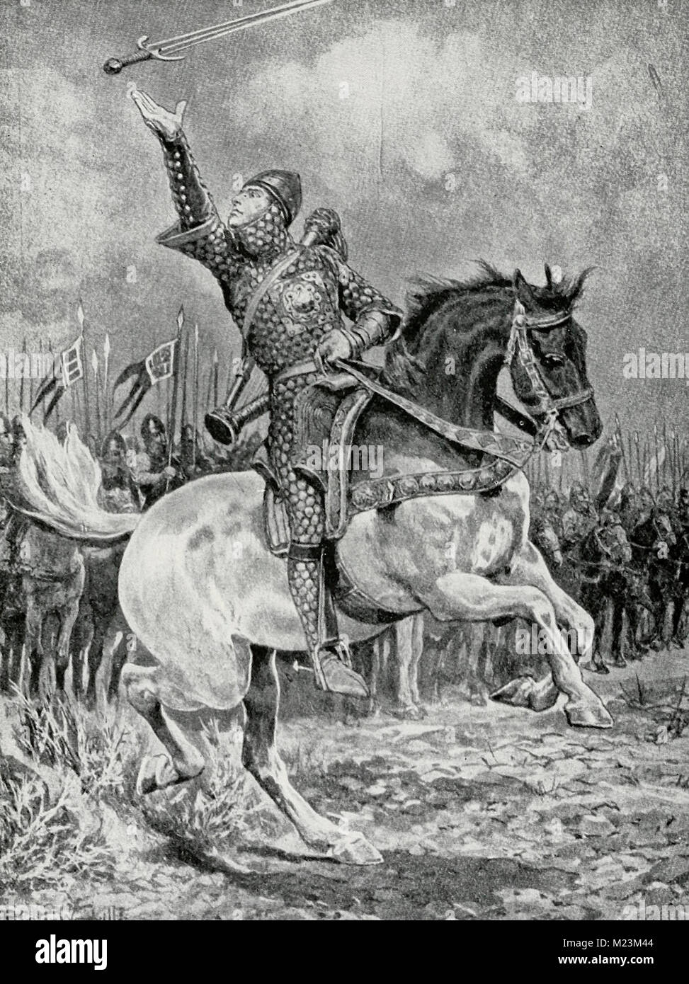 The First charge at Hastings - Taillefer, the minstrel sword juggler rides through the ranks Stock Photo