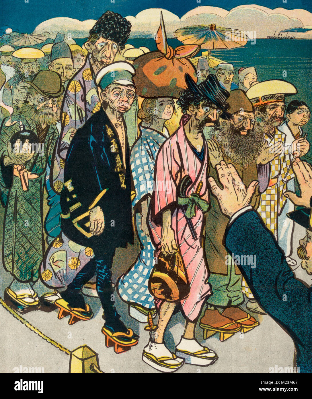 As to Japanese exclusion - Illustration shows a group of ragged anarchists and others dressed in kimonos, pretending to be Japanese immigrants; they are stopped at the border. Political Cartoon, 1907 Stock Photo