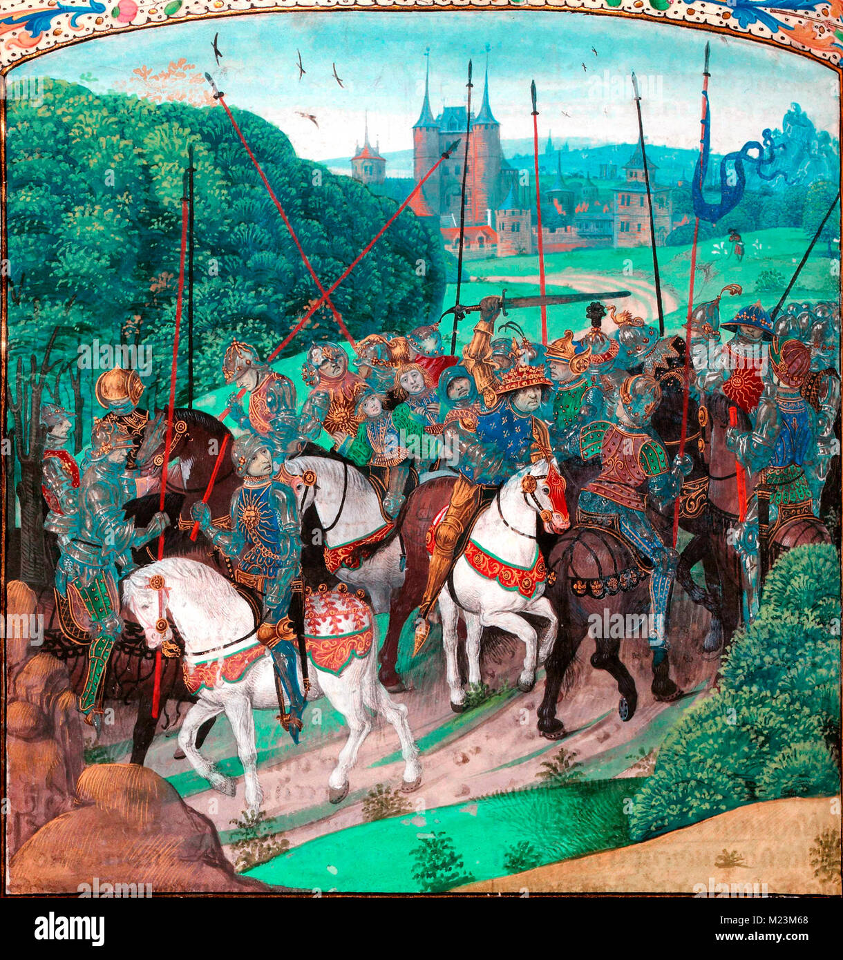 Madness of Charles VI: crossing the forest of Le Mans on an expedition against Pierre de Craon, the king, brandishing a sword, mistakes the members of his retinue for enemies and attacks them. Stock Photo