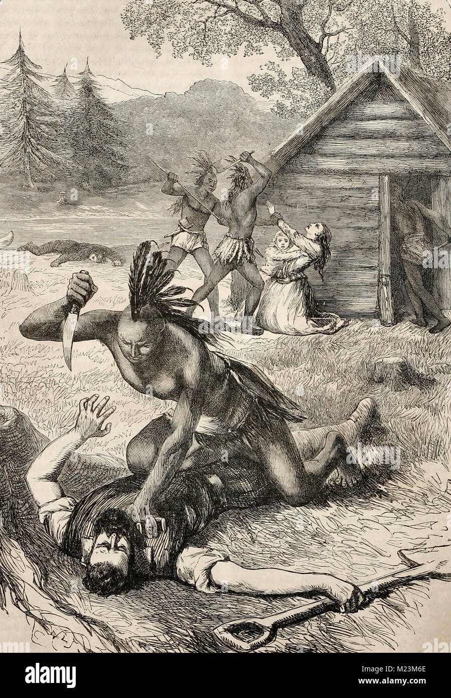 Massacre of settlers by Native Americans Stock Photo