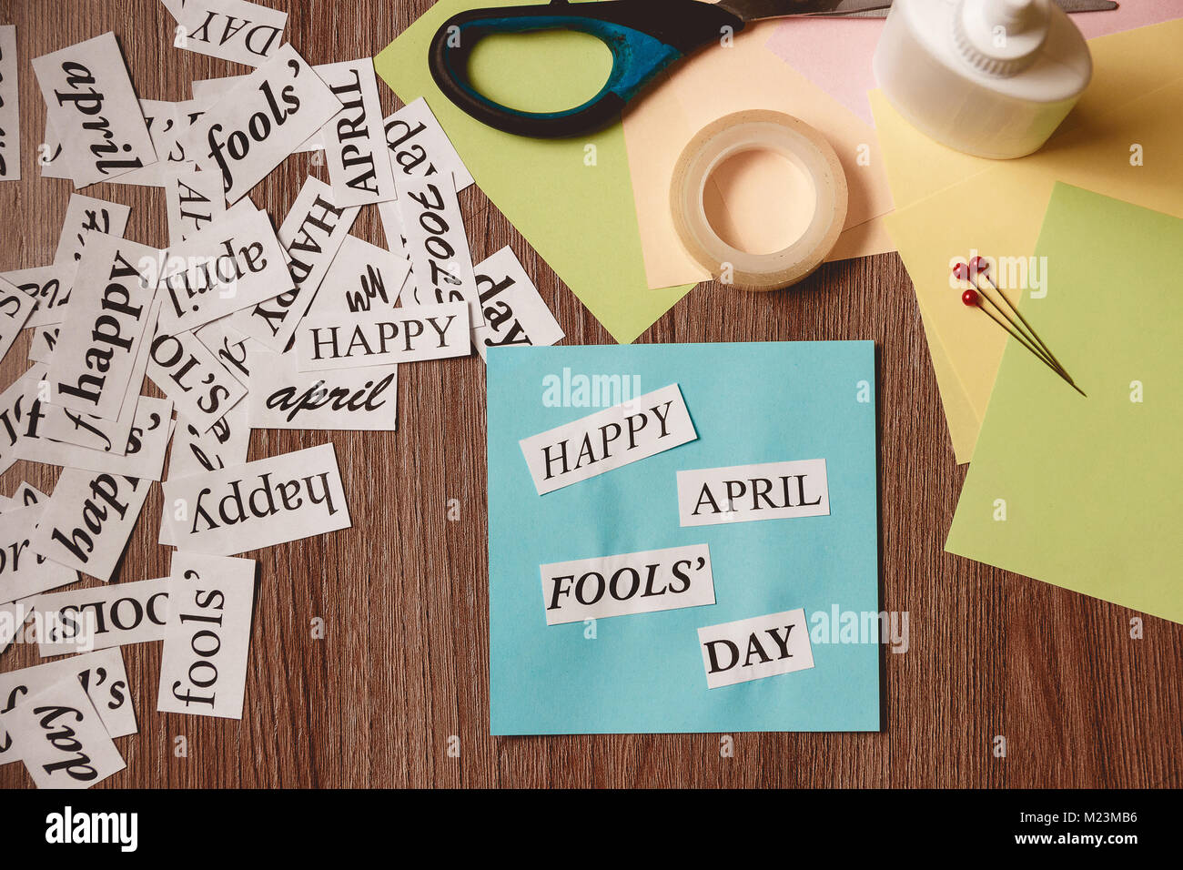 Happy April Fools Day phrase on wooden background Stock Photo