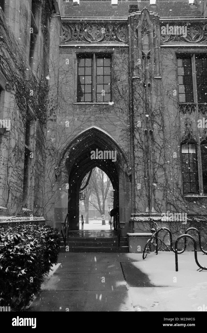 Arched passageway through the Ryerson Hall Laboratory from the Quadrangle out to 58th Street on the University of Chicago campus. Stock Photo