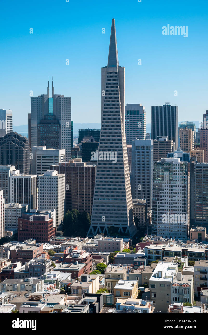 SAN FRANCISCO, CALIFORNIA - SEPTEMBER 9, 2015 - View from Coit Tower of the Financial District with the Transamerica Pyramid in the center Stock Photo