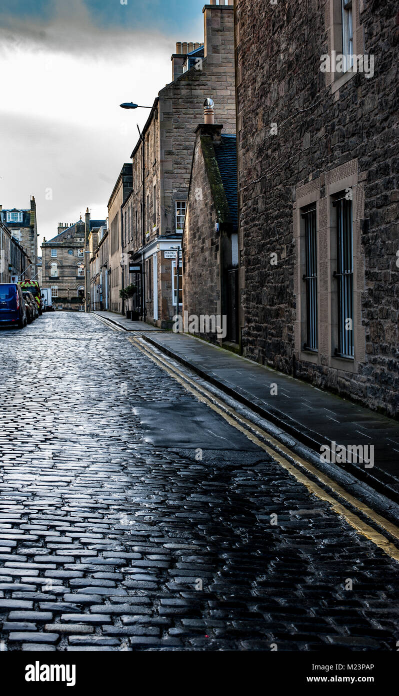 A view of cobblestone Thistle Street in Edinbugh, Scotland. Stock Photo