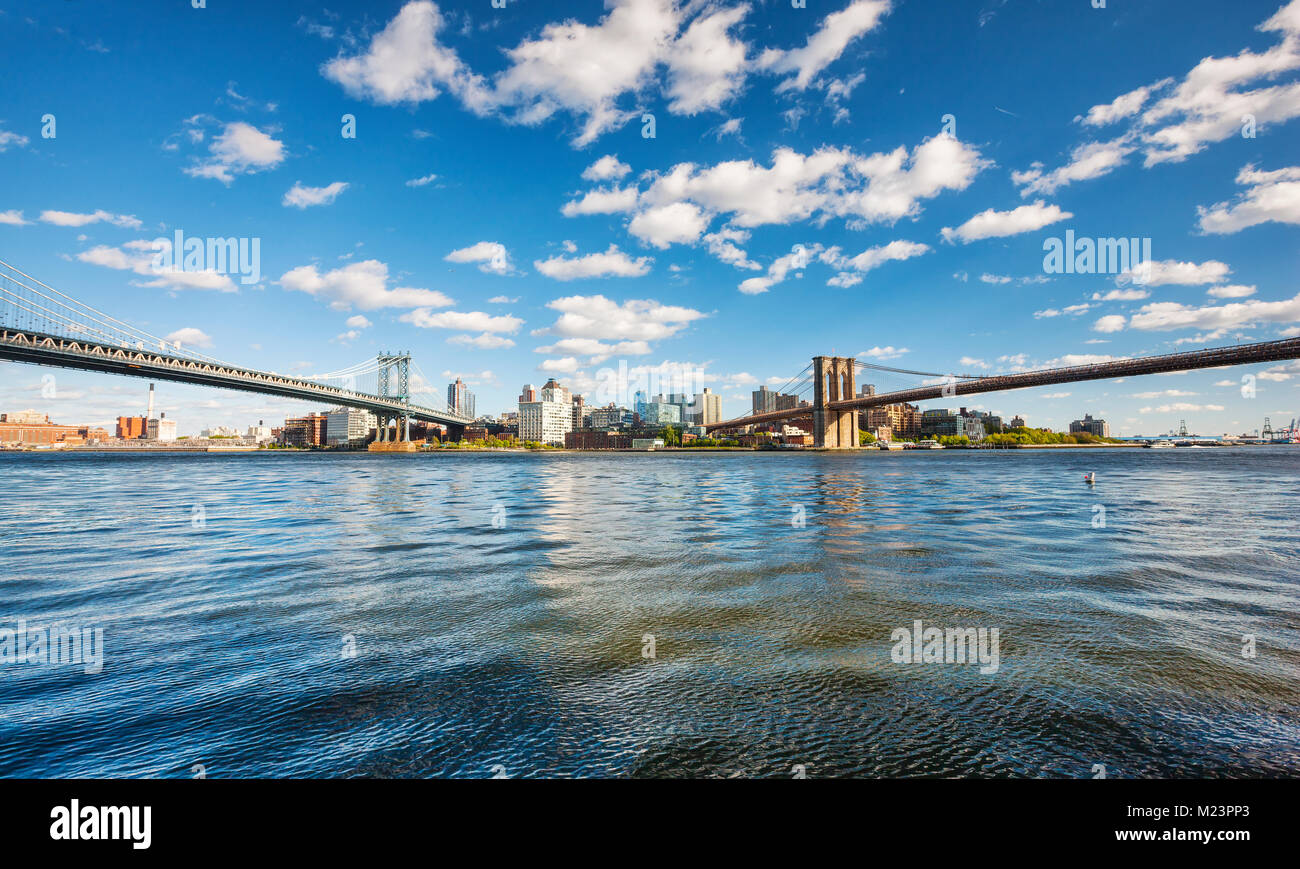 Manhattan and Brooklyn bridge over East rver, View to Brooklyn from Manhattan, New York City Stock Photo