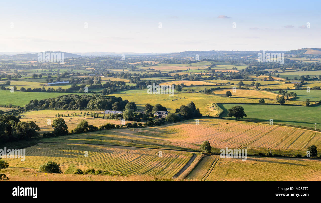 Rolling chalk hills rise over agricultural fields and pasture in North Dorset's Blackmore Vale, the area of the Stour Valley known to Thomas Hardy as  Stock Photo