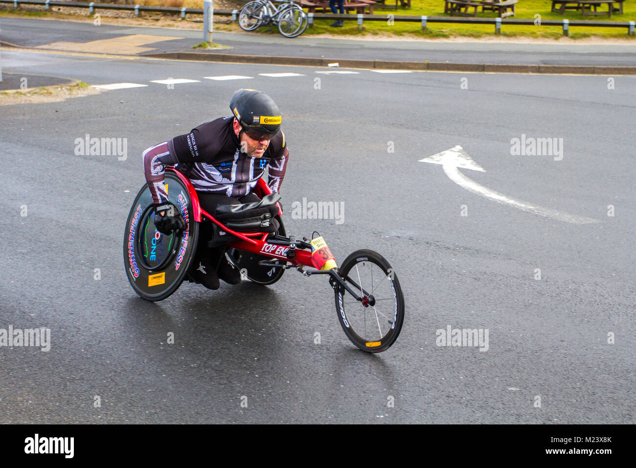 Wheelchair user at Southport, Merseyside. 4th February, 2018. The