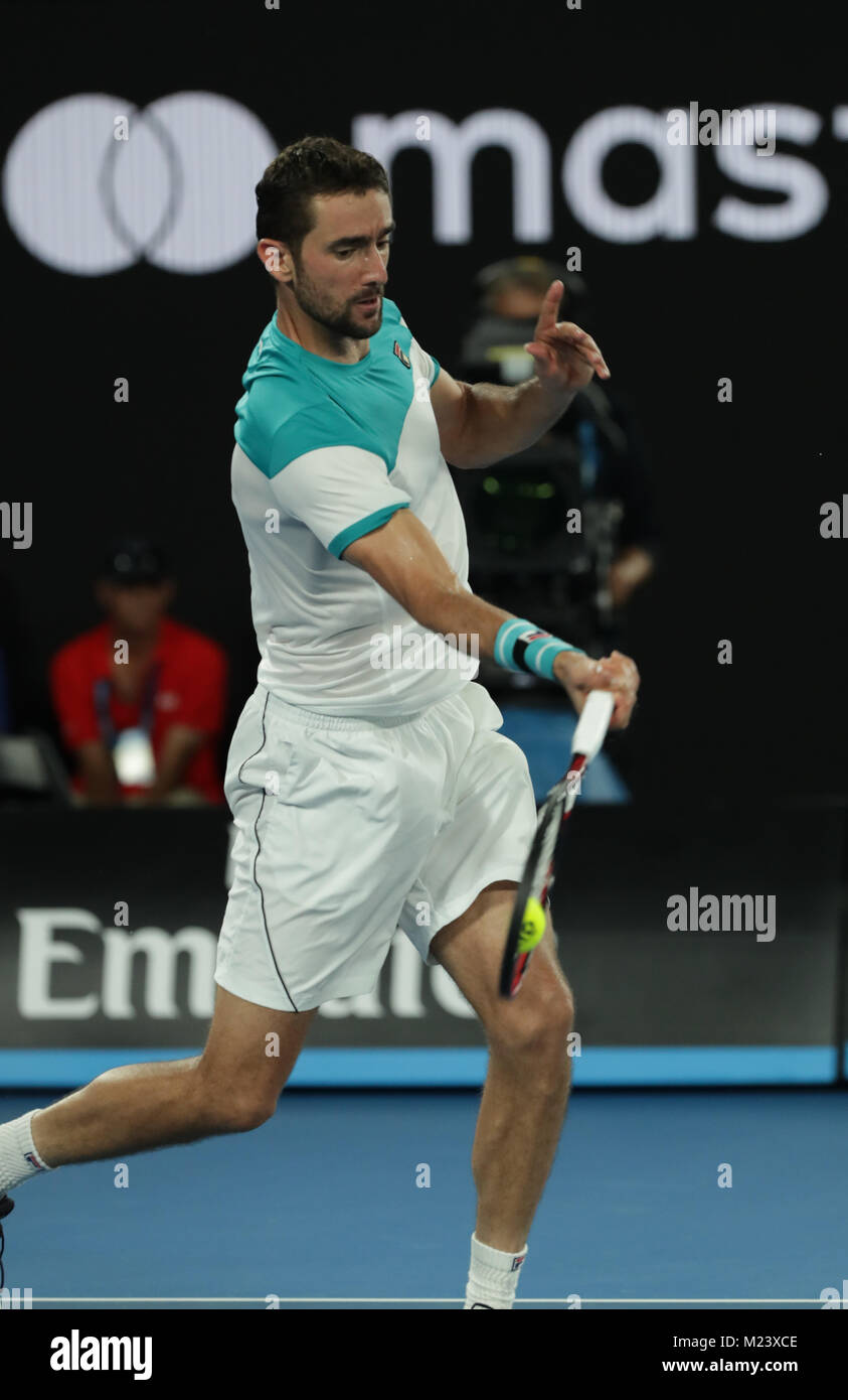 Bosniac tennis player Marin Cilic is in action during his 1st round match  at the Australian Open vs Swiss tennis player Roger Federer on Jan 28, 2018  in Mebourne, Australia. Credit: YAN