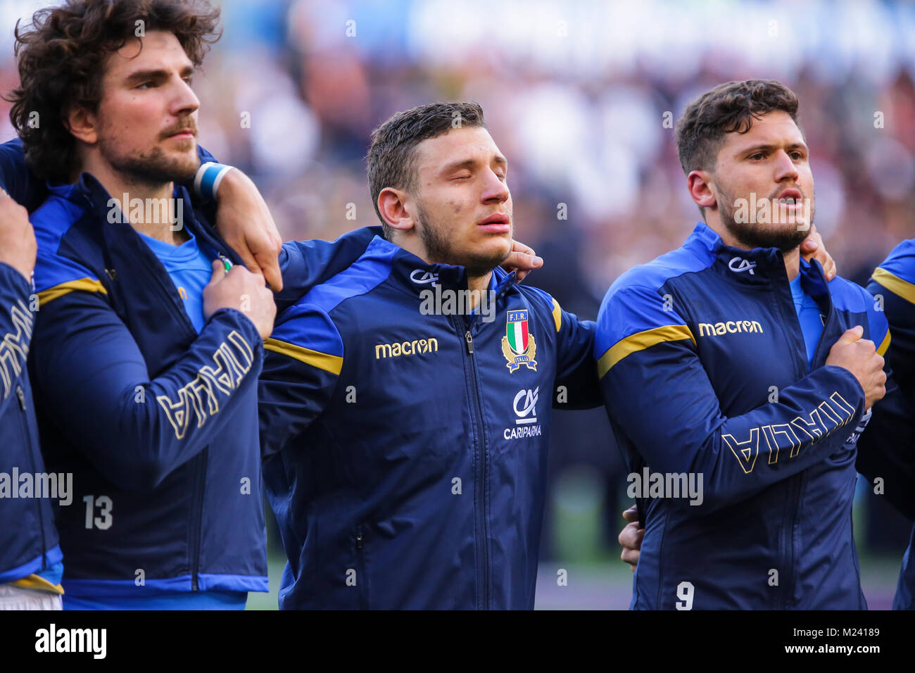Rome, Italy. 04th February 2018. Italy's full back Matteo Minozzi cries during the national anthem in the match against England in NatWest 6Nations Championship 208 Massimiliano Carnabuci/Alamy Live News Stock Photo