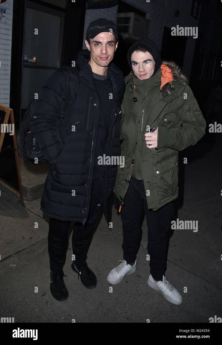 New York, NY, USA. 3rd Feb, 2018. James Cusati-Moyer, Jay Armstrong Johnson, seen at the Classic Stage Company Theatre, Off-Broadway, after their play FIRE AND AIR out and about for Celebrity Candids - SAT, New York, NY February 3, 2018. Credit: Derek Storm/Everett Collection/Alamy Live News Stock Photo