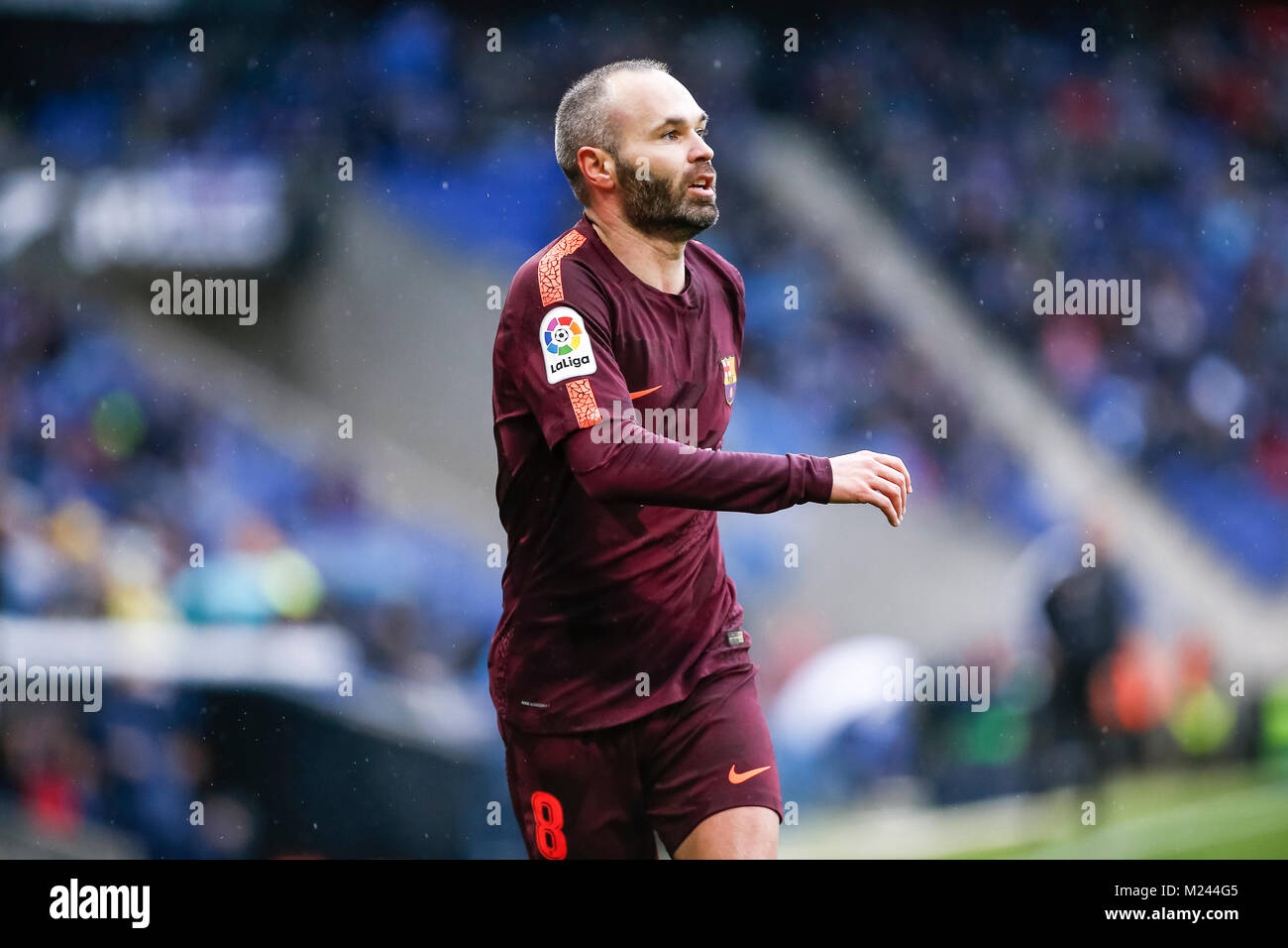 Barcelona, Spain. 04th Feb, 2018. FC Barcelona midfielder Andres Iniesta (8) during the match between RCD Espanyol and FC Barcelona, for the round 22 of the Liga Santander, played at RCDE Stadium on 4th February 2018 in Barcelona, Spain. Credit: Gtres Información más Comuniación on line, S.L./Alamy Live News Stock Photo