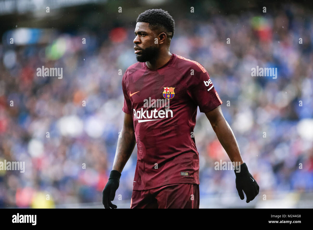 Barcelona, Spain. 04th Feb, 2018. FC Barcelona defender Samuel Umtiti (23) during the match between RCD Espanyol and FC Barcelona, for the round 22 of the Liga Santander, played at RCDE Stadium on 4th February 2018 in Barcelona, Spain. Credit: Gtres Información más Comuniación on line, S.L./Alamy Live News Stock Photo