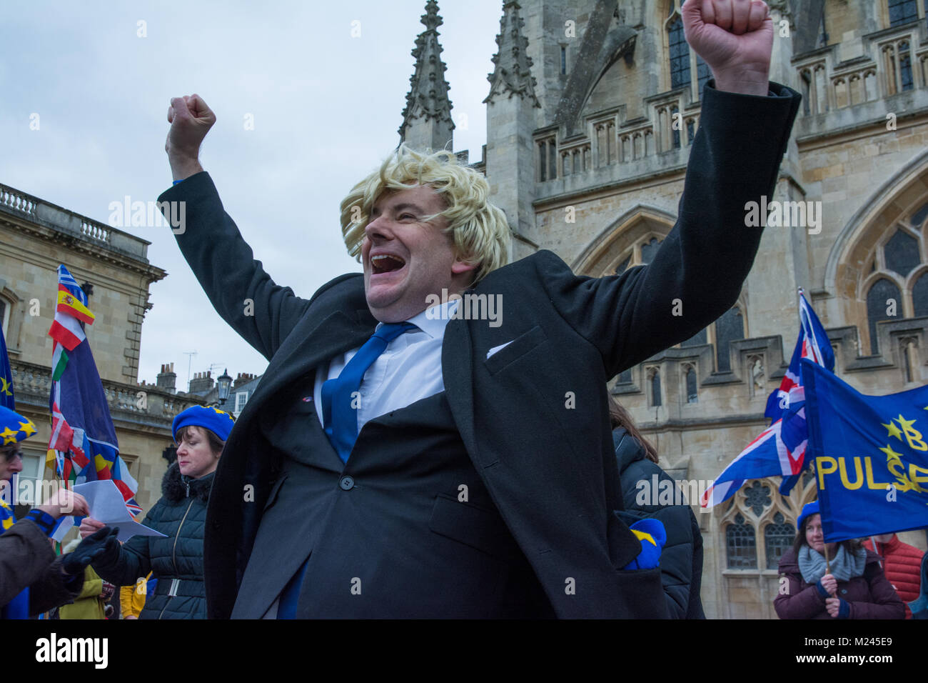 Bath, UK, 4th February 2018. Bath Pulse for Europe, A youth lead anti Brexit event in Bath City centre featuring theatre, music, speeches and a march around the streets of Bath. Organised by Bath for Europe. Credit: Stephen Bell/Alamy Live News Stock Photo