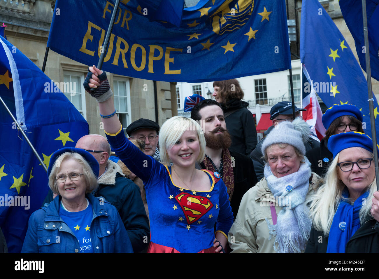 Bath, UK, 4th February 2018. Bath Pulse for Europe, A youth lead anti Brexit event in Bath City centre featuring theatre, music, speeches and a march around the streets of Bath. Organised by Bath for Europe. Central, Madeleina Kay EU Supergirl. Credit: Stephen Bell/Alamy Live News Stock Photo