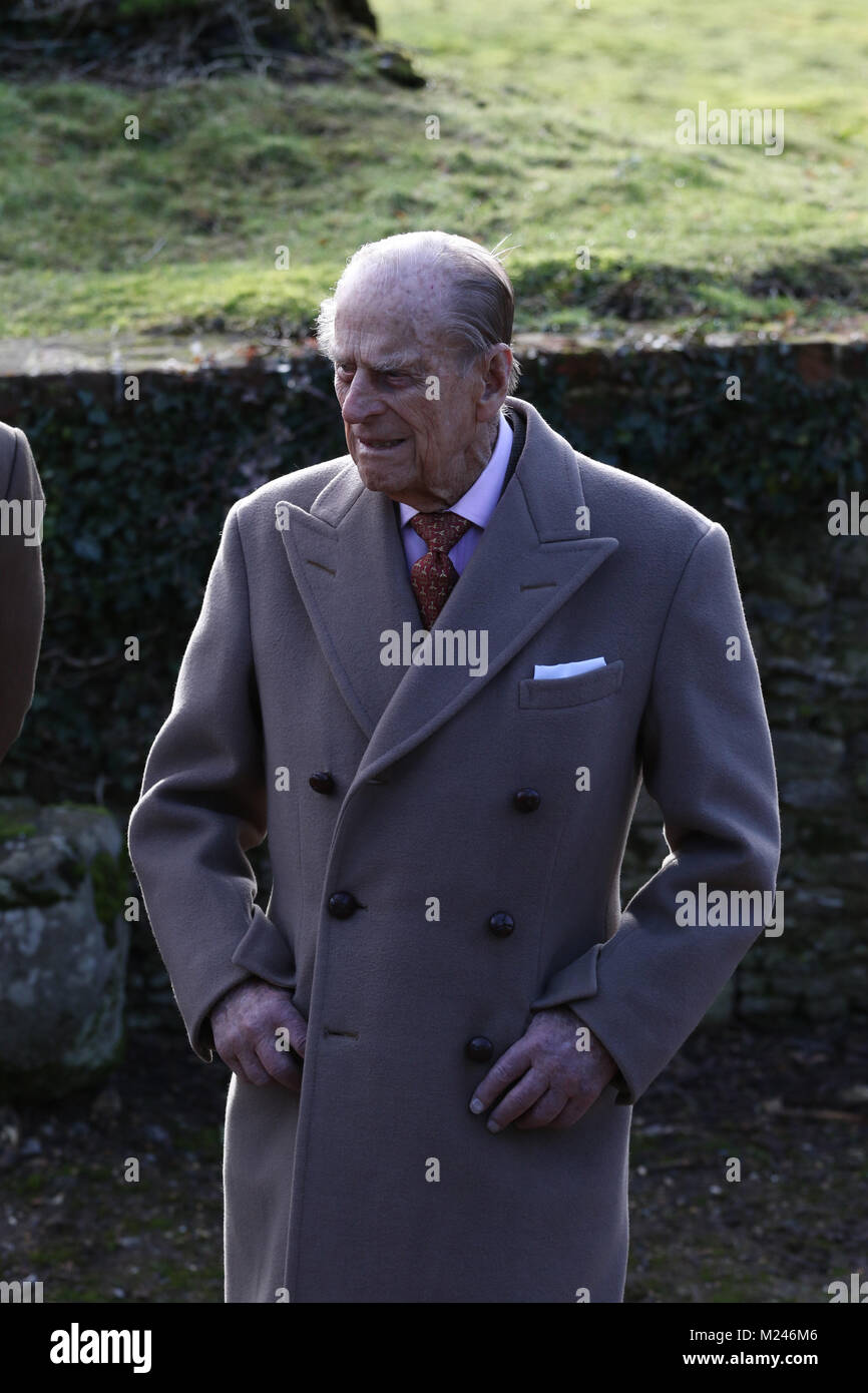 Prince Philip, Duke of Edinburgh, after attending the Sunday morning service at St Peter and St Paul church at West Newton, Norfolk, on February 4, 2018. Credit: Paul Marriott/Alamy Live News Stock Photo