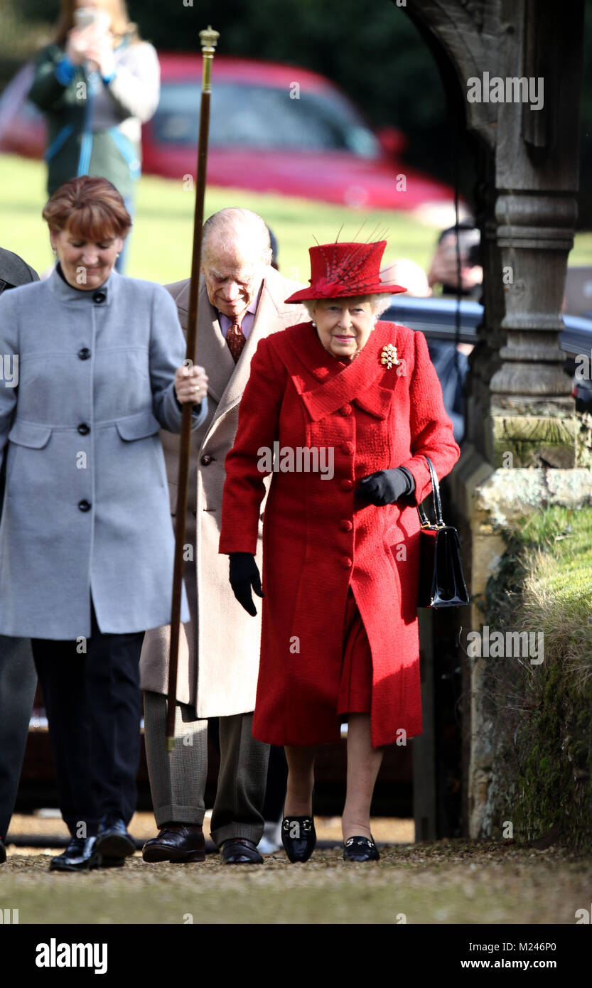 HM Queen Elizabeth II and Prince Philip, Duke of Edinburgh, attending the Sunday morning service at St Peter and St Paul church at West Newton, Norfolk, on February 4, 2018. Credit: Paul Marriott/Alamy Live News Stock Photo