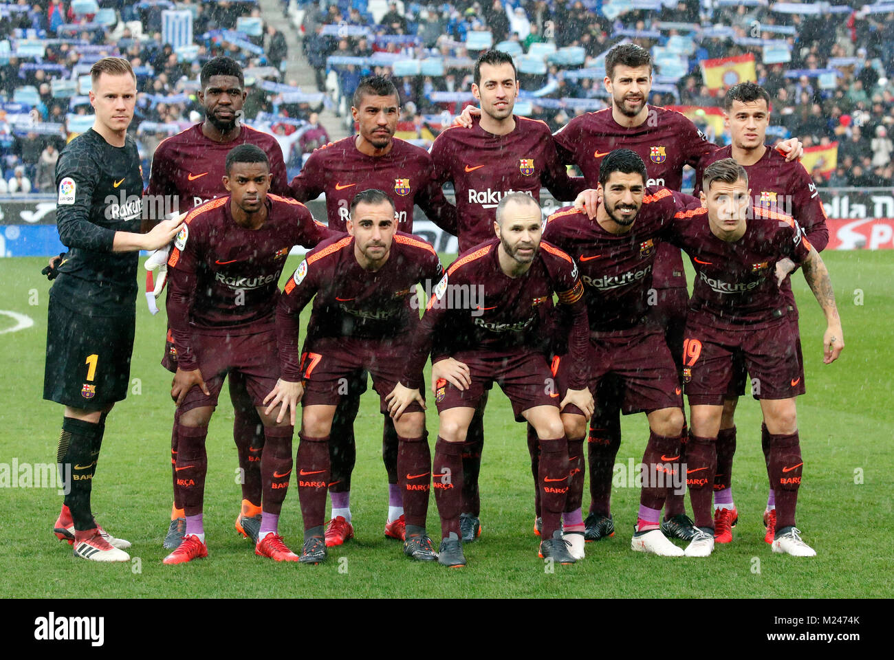 Barcelona, Spain. 01st Feb, 2018. FC Barcelona team during the match between RCD Espanyol vs FC Barcelona, for the round 22 of the Liga Santander, played at Cornella -El Prat Stadium on 3th February 2018 in Barcelona, Spain. Credit: Gtres Información más Comuniación on line, S.L./Alamy Live News Stock Photo