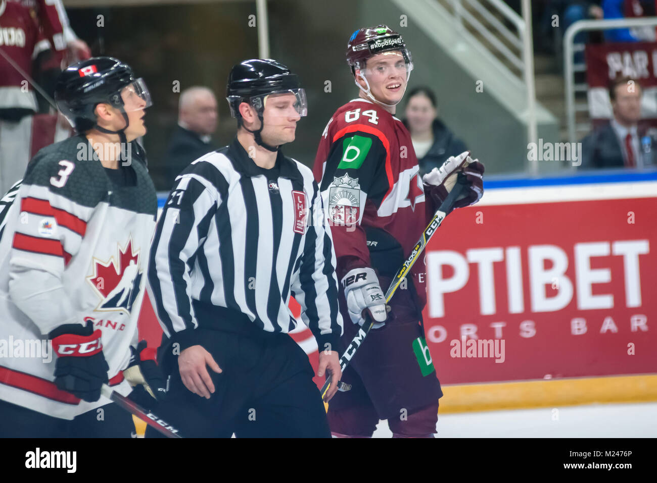 Riga, Latvia. 4th Feb, 2018.. Nikita Jevpalovs (from right) , during Pre-tournament game between Canada National ice hockey team and National ice hockey team of Latvia at Arena Riga. Credit: Gints Ivuskans/Alamy Live News Stock Photo