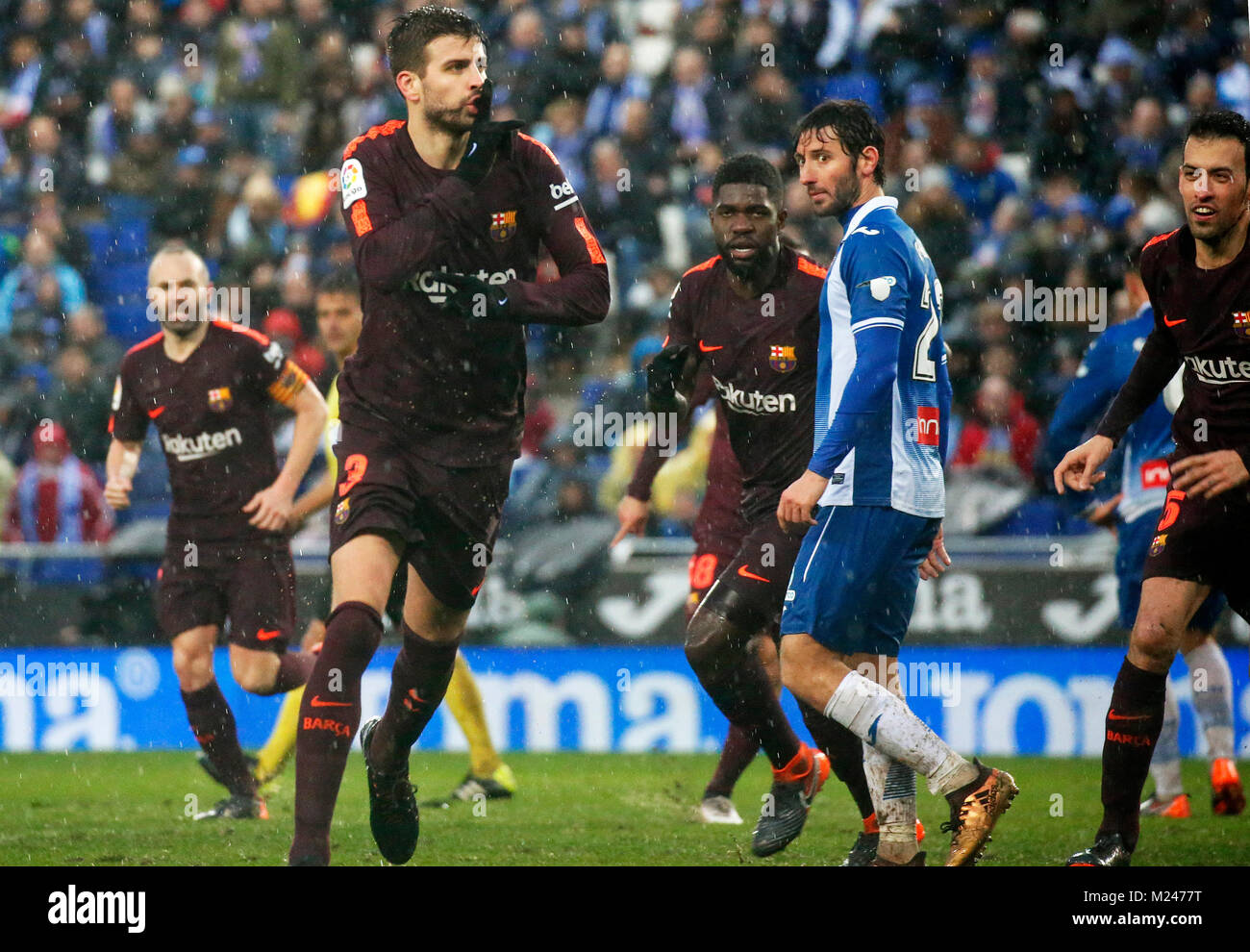 Barcelona, Spain. 01st Feb, 2018. Gerard Pique goal celebration during the match between RCD Espanyol vs FC Barcelona, for the round 22 of the Liga Santander, played at Cornella -El Prat Stadium on 3th February 2018 in Barcelona, Spain. Credit: Gtres Información más Comuniación on line, S.L./Alamy Live News Stock Photo