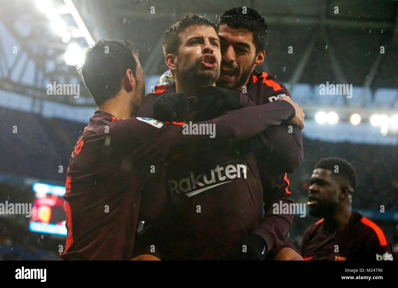 Barcelona, Spain. 01st Feb, 2018. Gerard Pique, Luis Suarez and Sergio