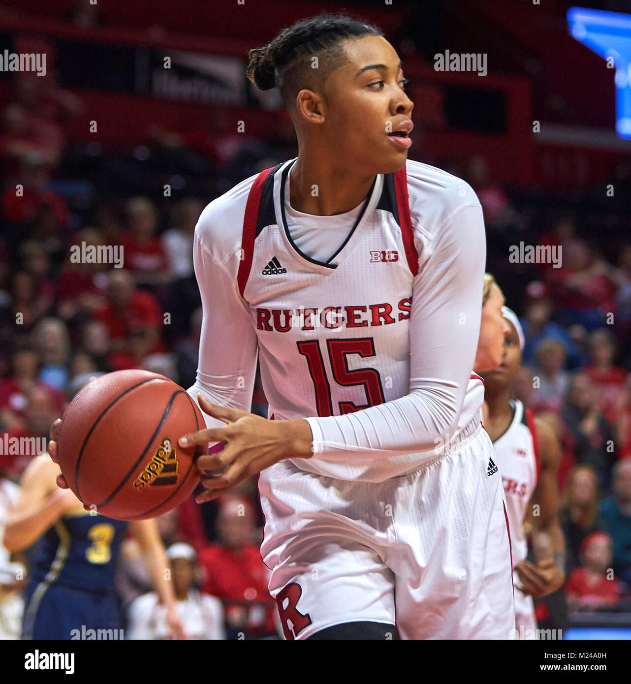 Piscataway, New Jersey, USA. 4th Feb, 2018. Rutgers Scarlet Knights center Caitlin  Jenkins (15) grabs a rebound in the first half at Rutgers Athletic Center  in Piscataway, New Jersey. Rutgers defeats #18Michigan