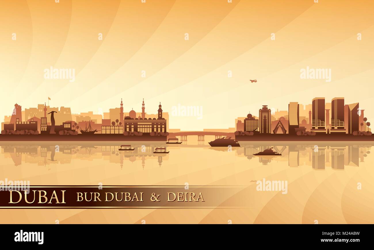 Dubai Deira and Bur Dubai skyline silhouette background, vector illustration Stock Vector