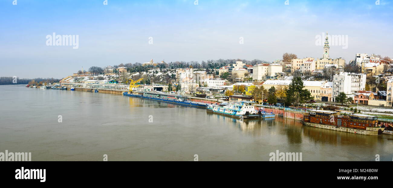 BELGRADE, SERBIA - DECEMBER 4, 2017: Belgrade winter panoramic view from the Branko bridge on Sava river Stock Photo