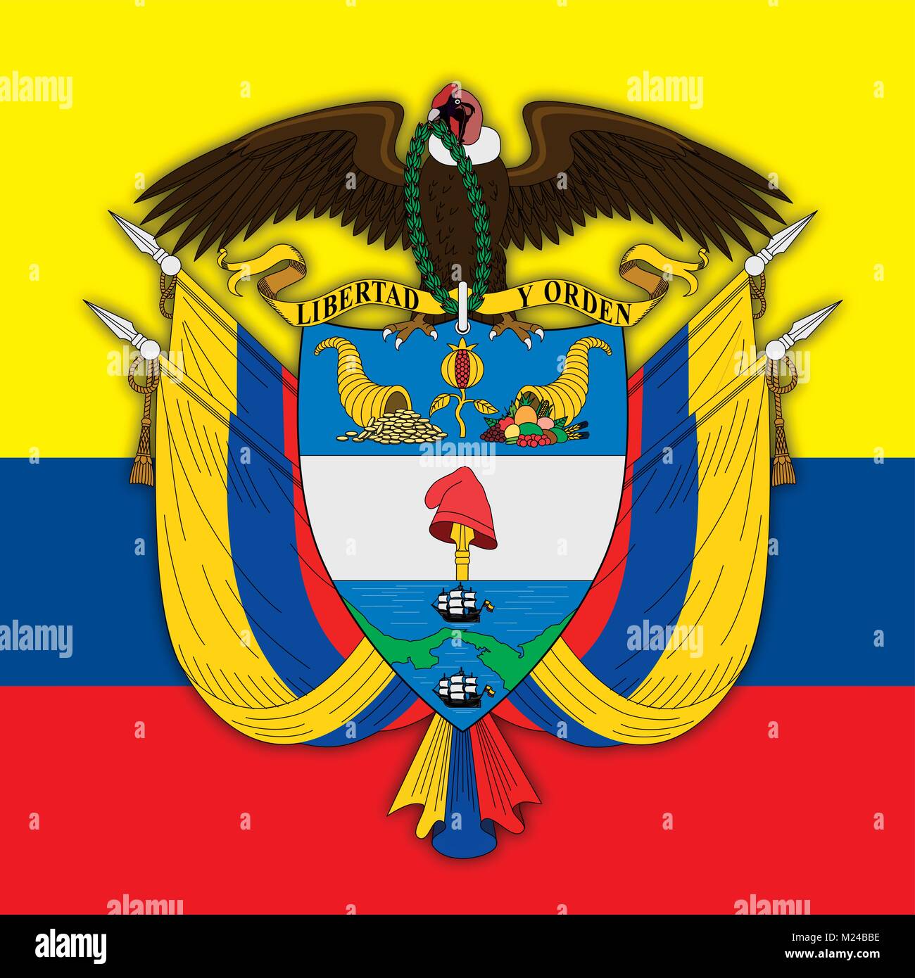 Colombia coat of arms and flag, official symbols of the nation Stock