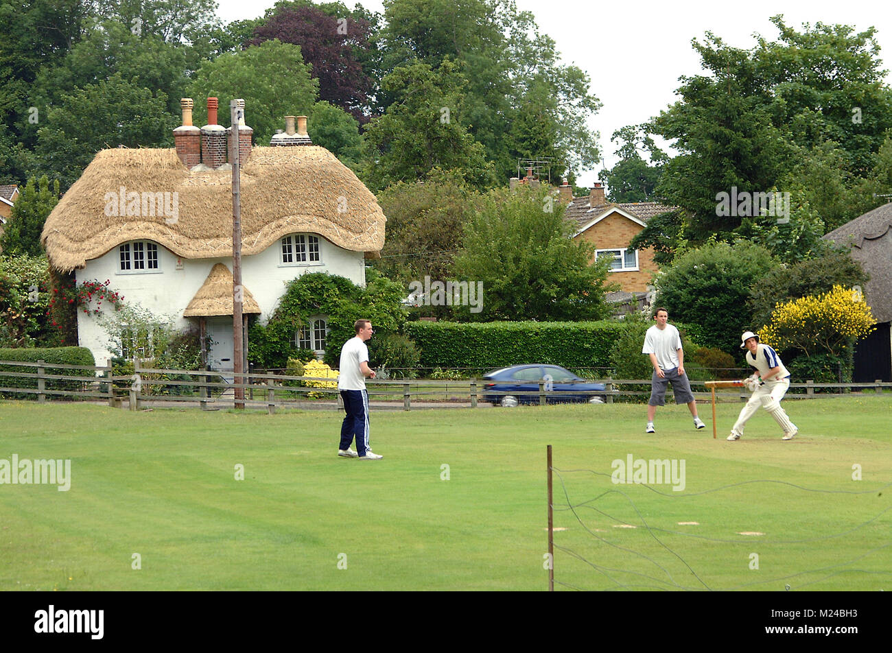 Playing cricket in front of a New Forest cottage in Hampshire Stock Photo