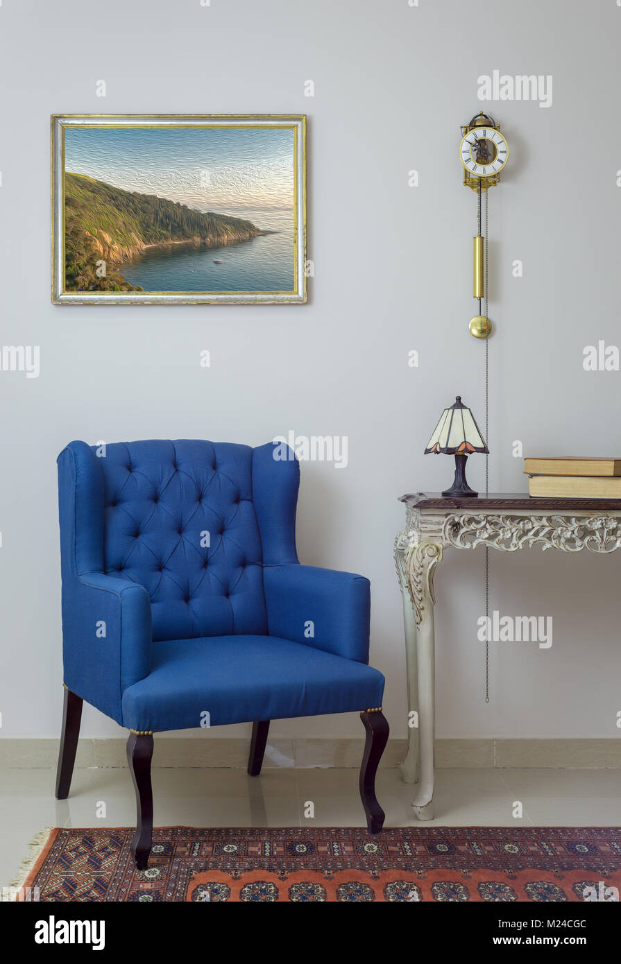Vintage Furniture Interior composition of retro blue armchair
