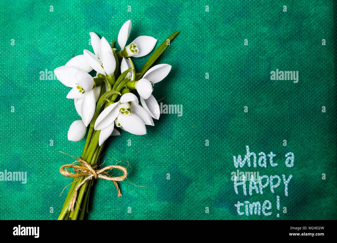 Snowdrop flowers and Happy time note on green background Stock Photo