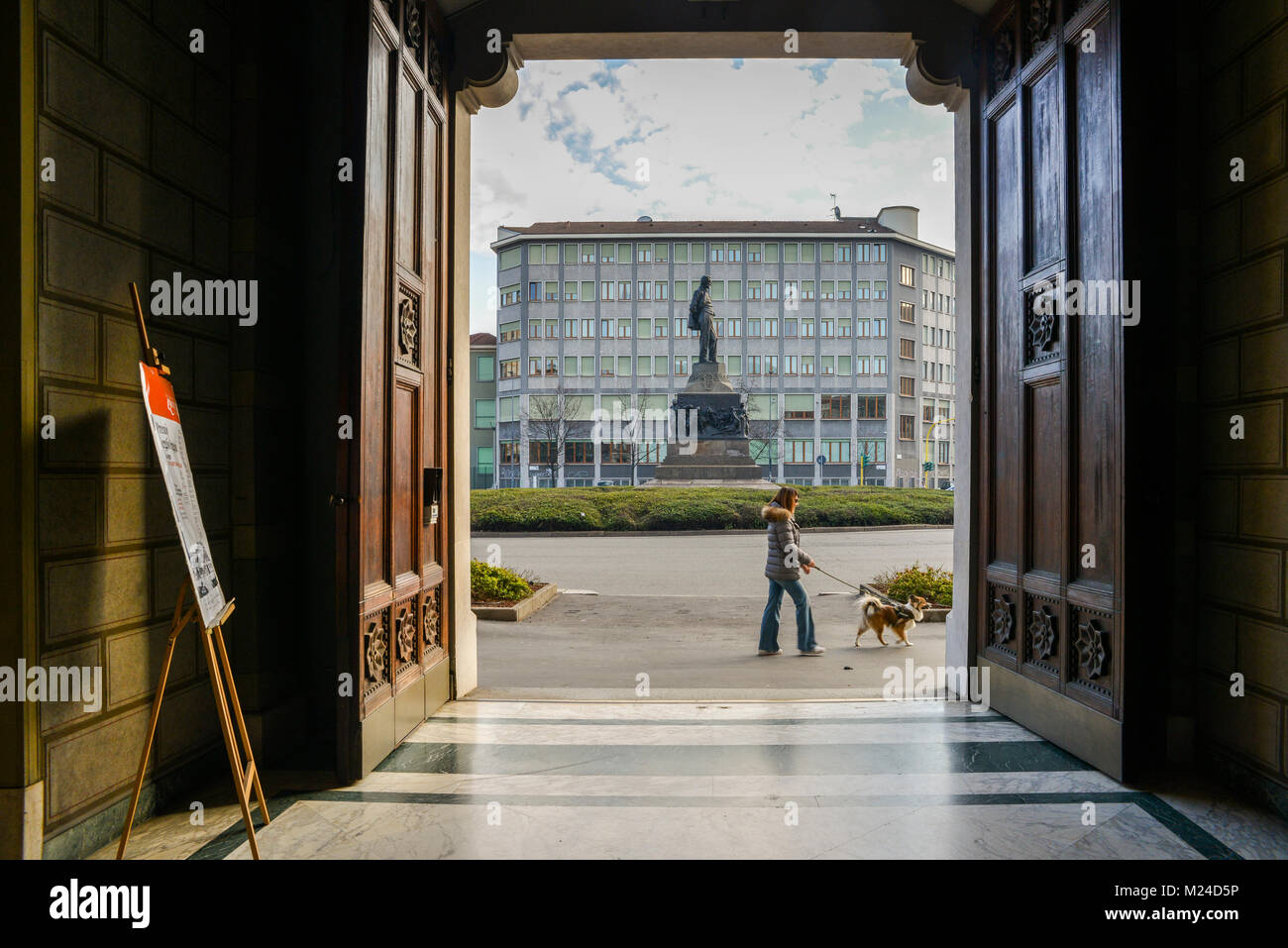 View from Casa di Riposo per Musicisti home of retired musicians , home for retired opera singers and musicians in Milan. Statue of Founder Italian composer Giuseppe Verdi Stock Photo