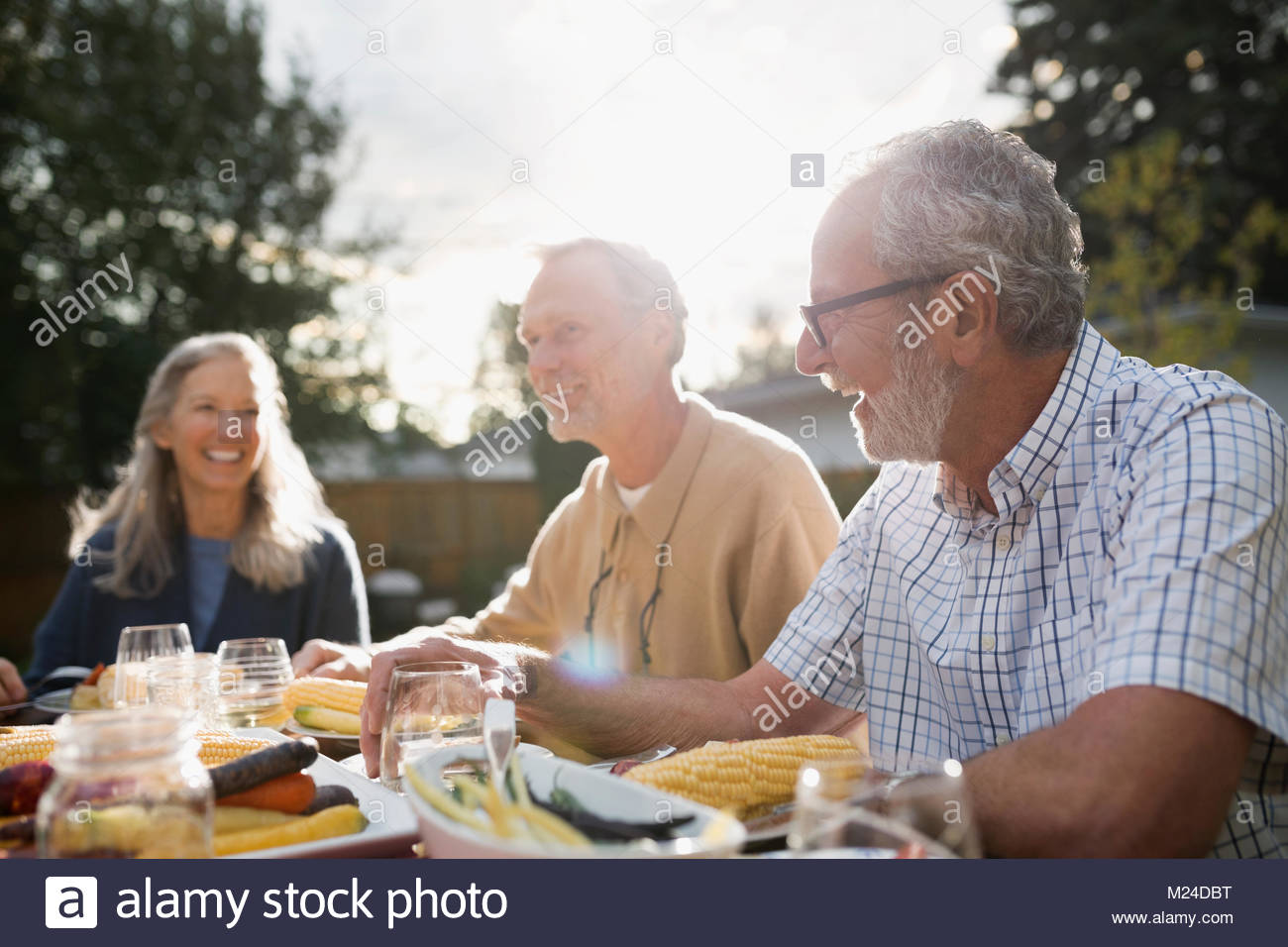 Senior friends enjoying garden party lunch at sunny patio table Stock