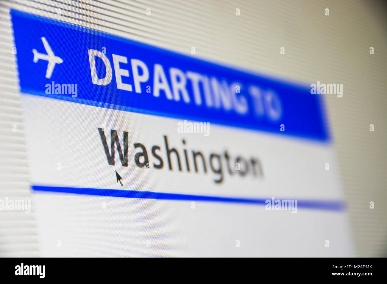 Computer screen close-up of flight to Washington Stock Photo