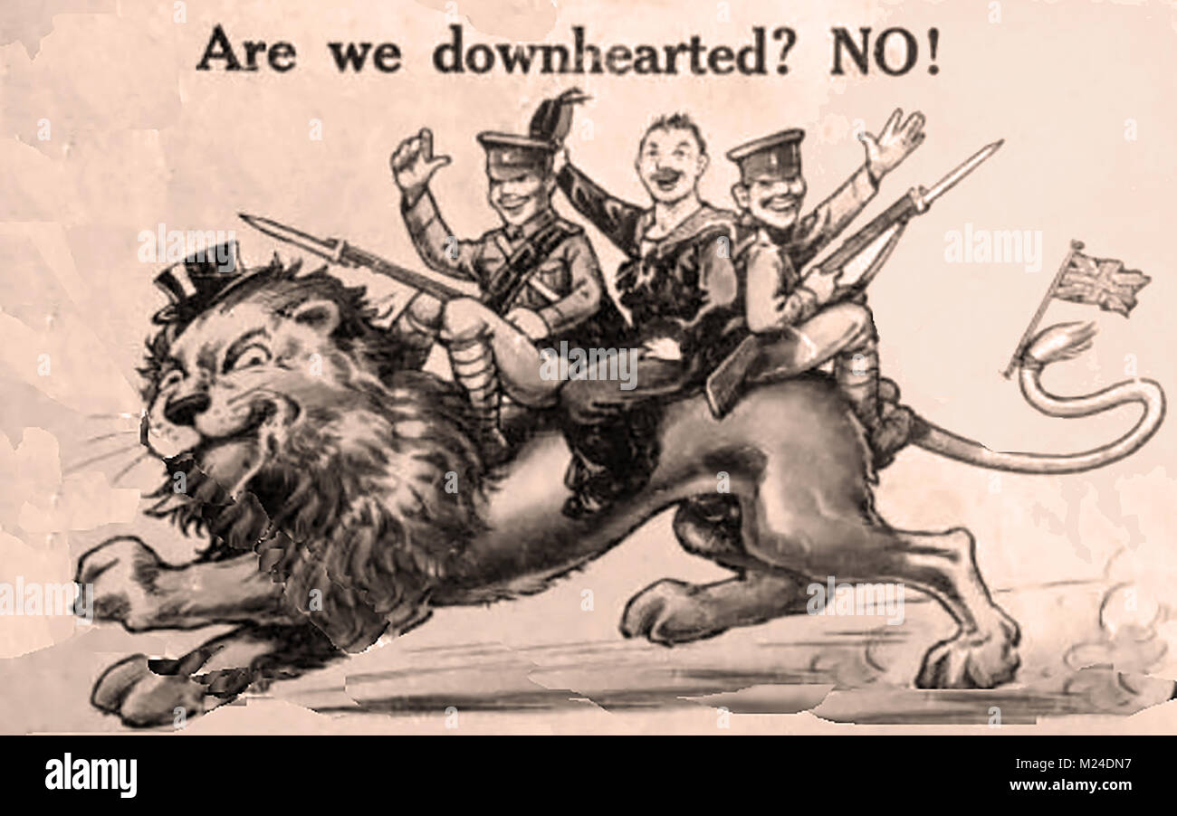 First World War (1914-1918)  aka The Great War or World War One - Trench Warfare - WWI  - Propaganda postcard - British lion, soldiers and sailor  'Are we Downhearted No!' Stock Photo