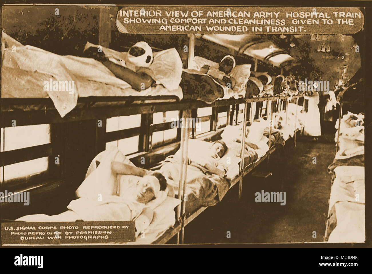 First World War (1914-1918)  aka The Great War or World War One - Trench Warfare - WWI  - American US Signal Corps  injured Troops in Army Hospital train featured on a First World War postcard Stock Photo