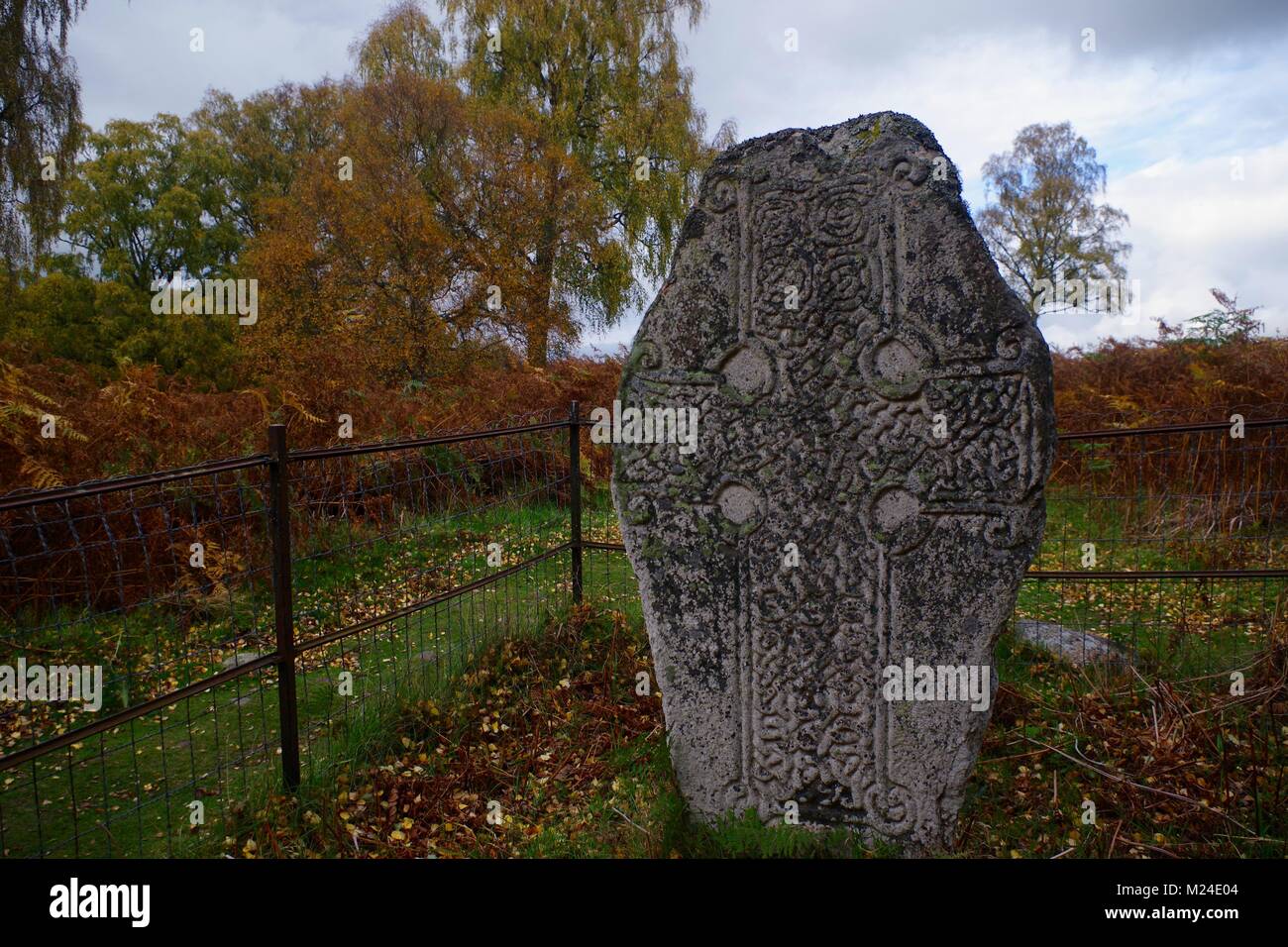 Kinord Cross, Early Christain Carved Stone Slab, Scottish Heritage and Archaeology. Muir of Dinnet, Cairngorms, UK. October, 2017. Stock Photo