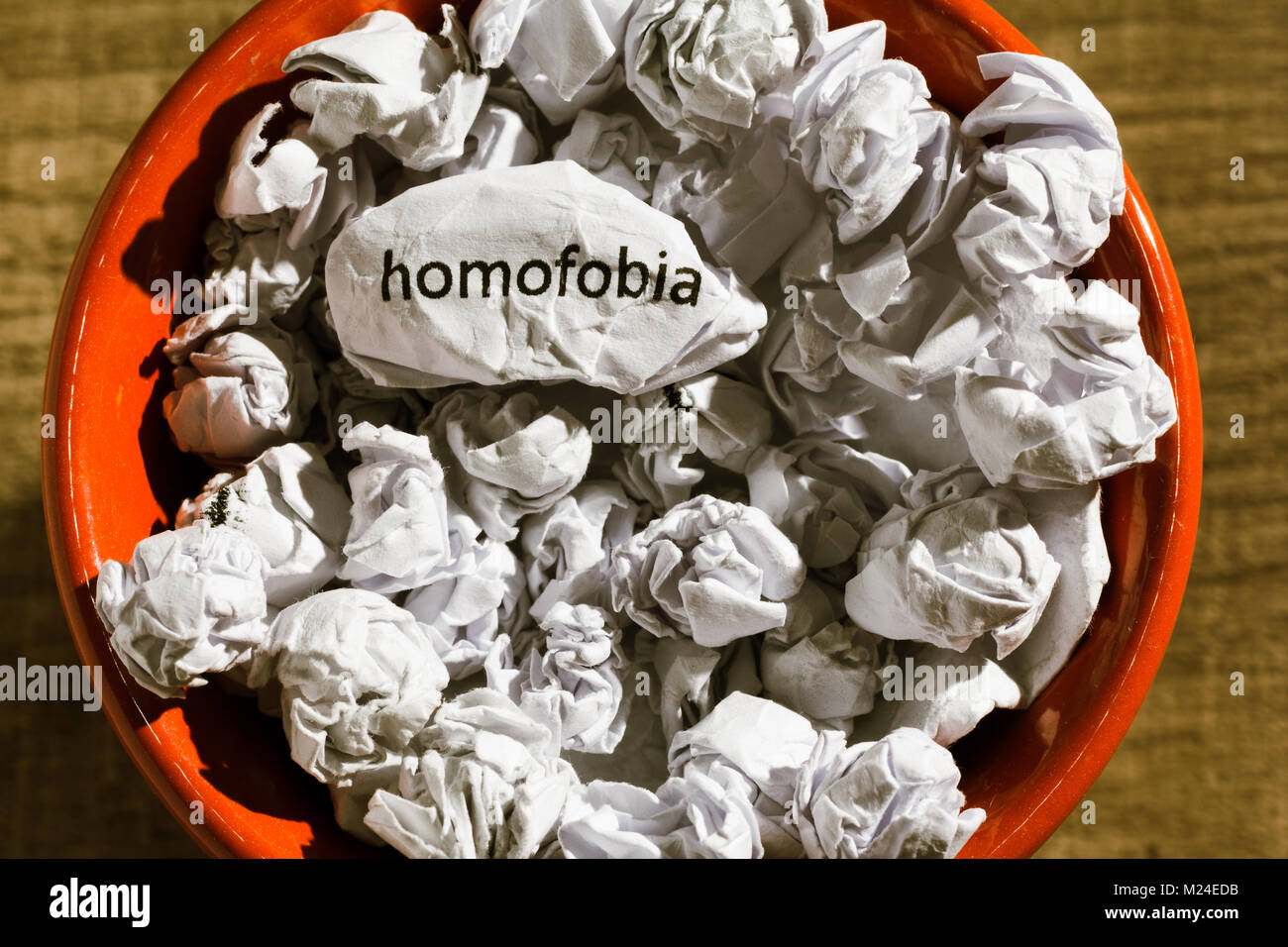 Crumpled paper written homofobia, portuguese and spanish word for