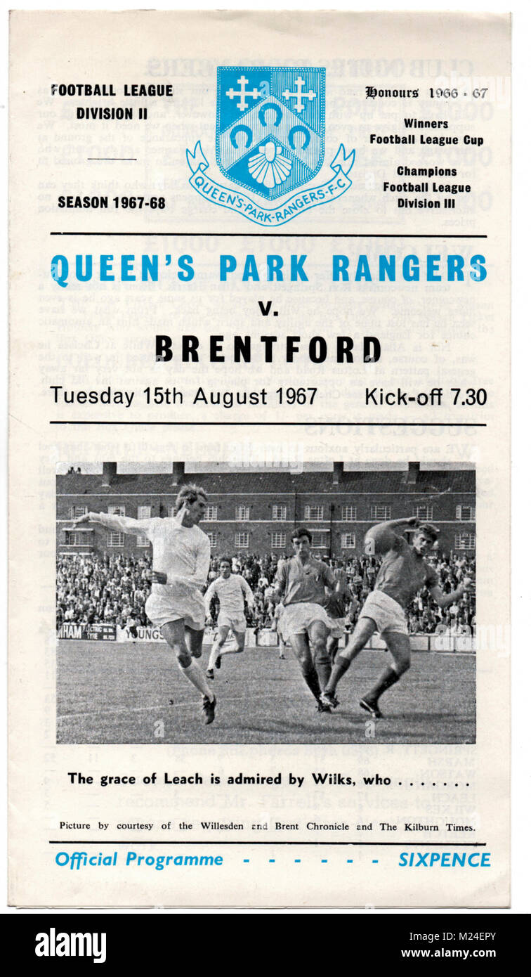 Football Programme: Queen's Park Rangers v Brentford, 15th August, 1967. Stock Photo