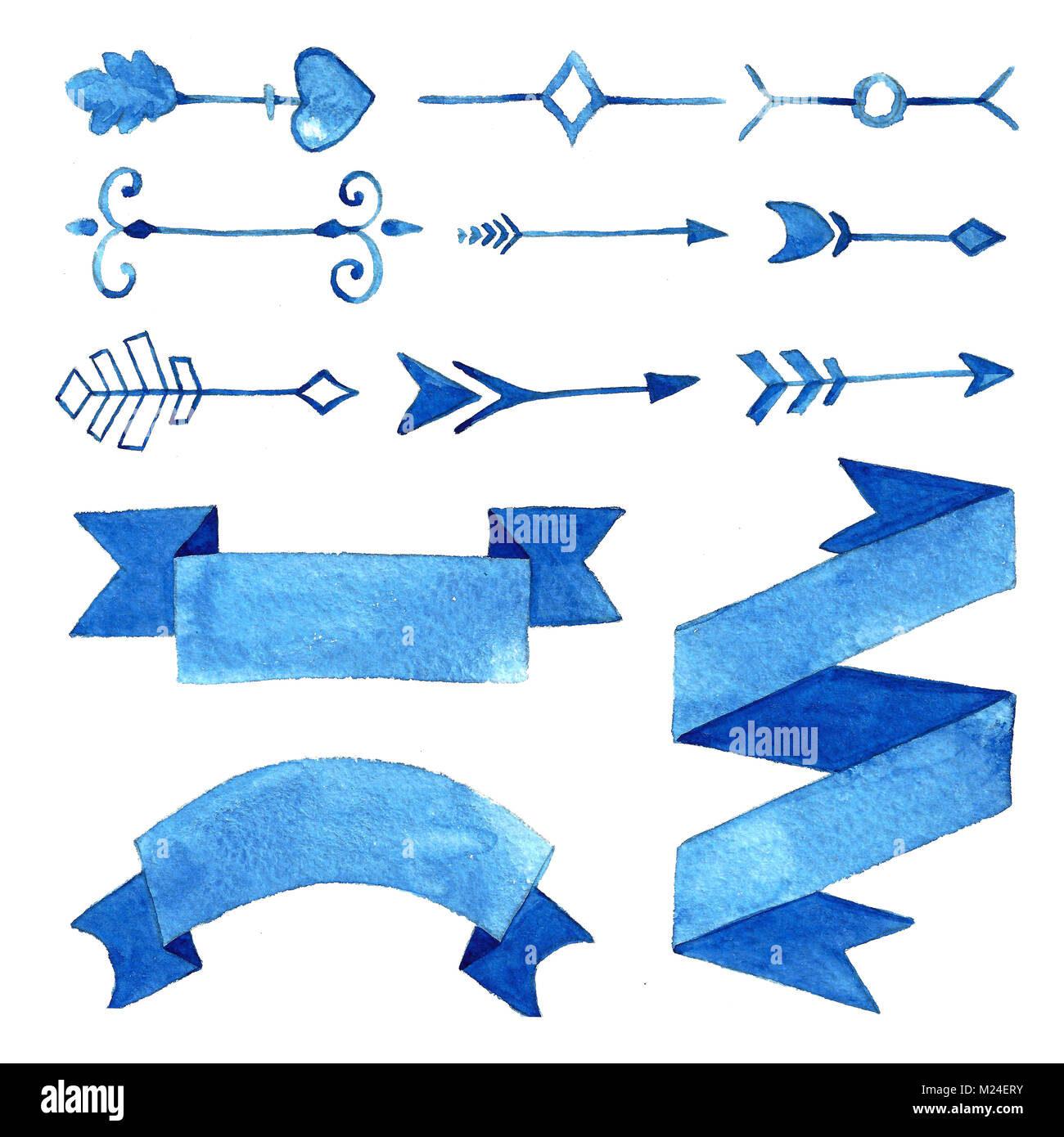 A Set Of Watercolor Arrows And Banners From A Ribbon Isolated