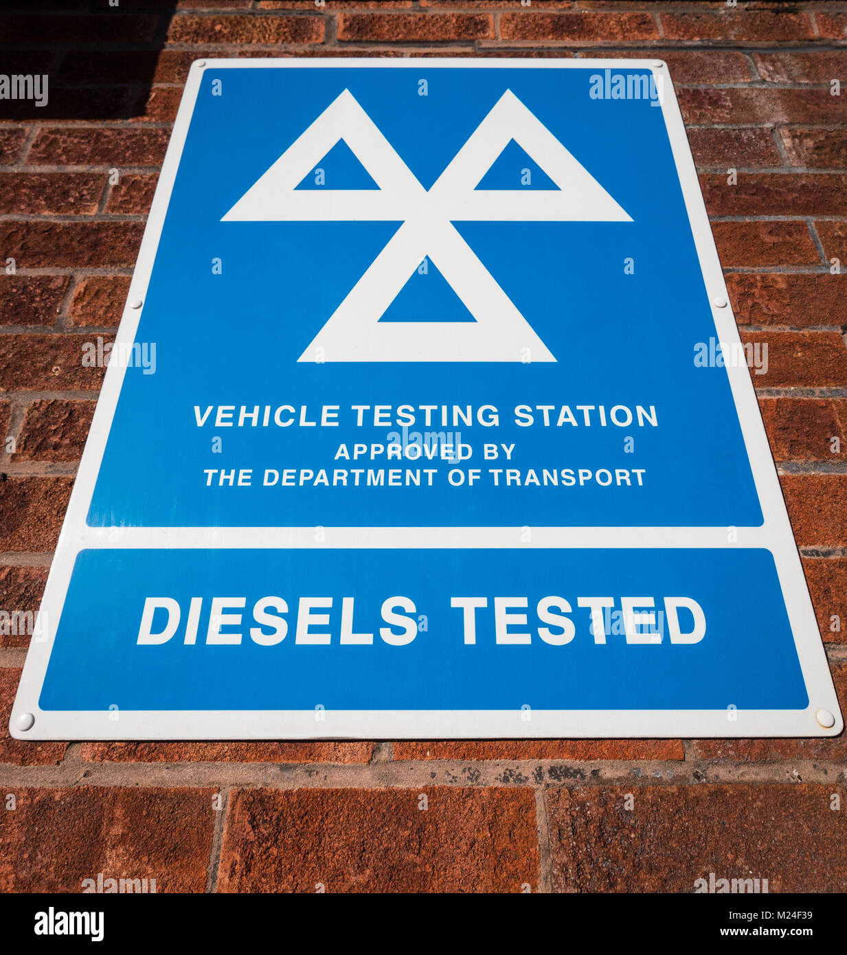 MOT Vehicle Testing Centre sign including diesel emissions testing, UK Stock Photo