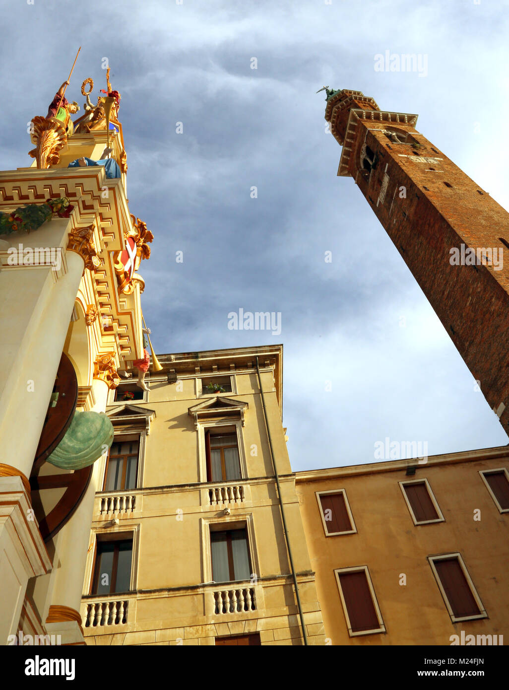 Vicenza, VI, Italy - September 19, 2015: Ancient Wooden Monument called LA RUA and high old tower called TORRE BISSARA in Italian language Stock Photo
