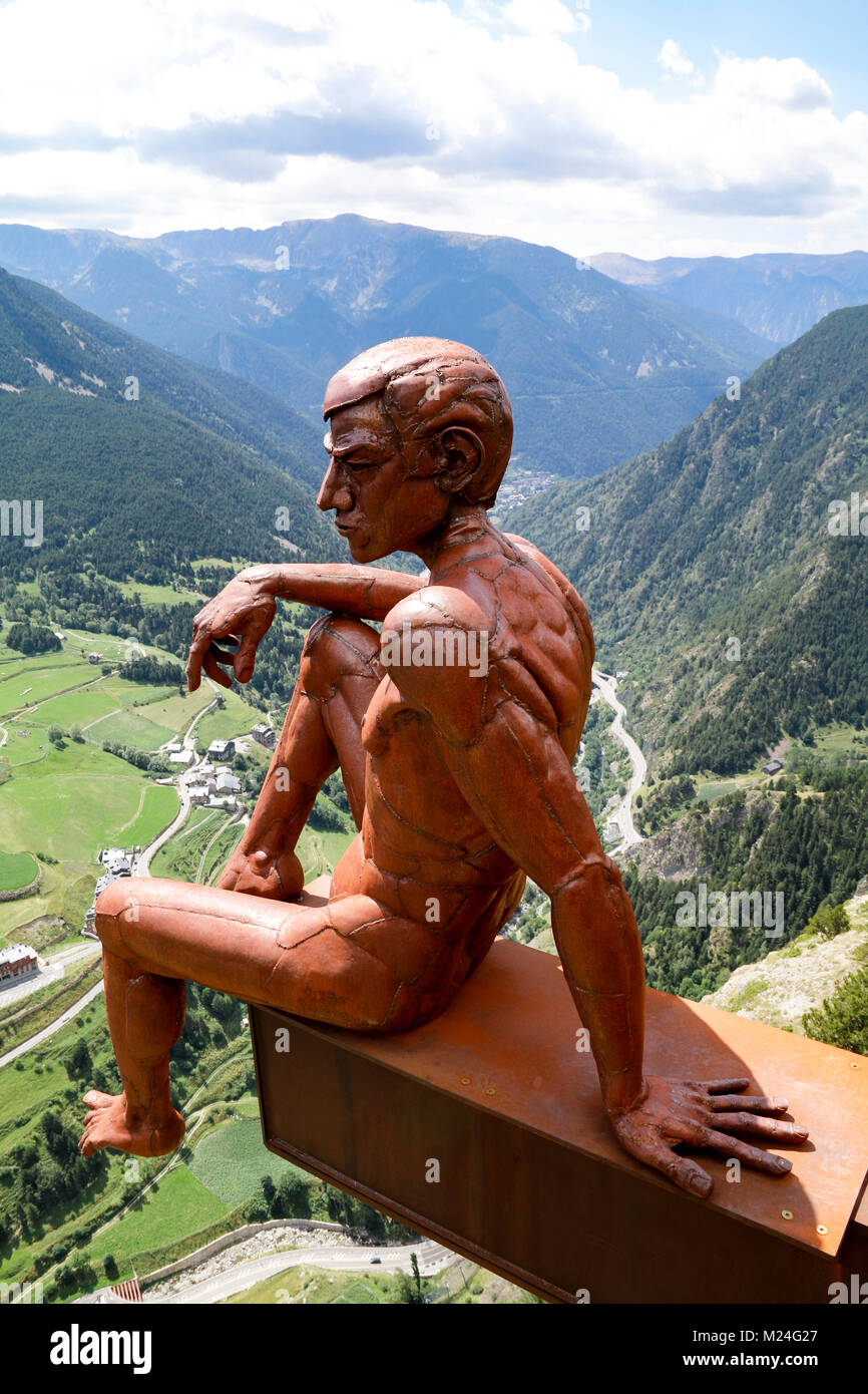 The Ponderer, a sculpture by Miguel Angel Gonzalez, at the Mirador Roc del Quer viewpoint, Canillo, Andorra Stock Photo